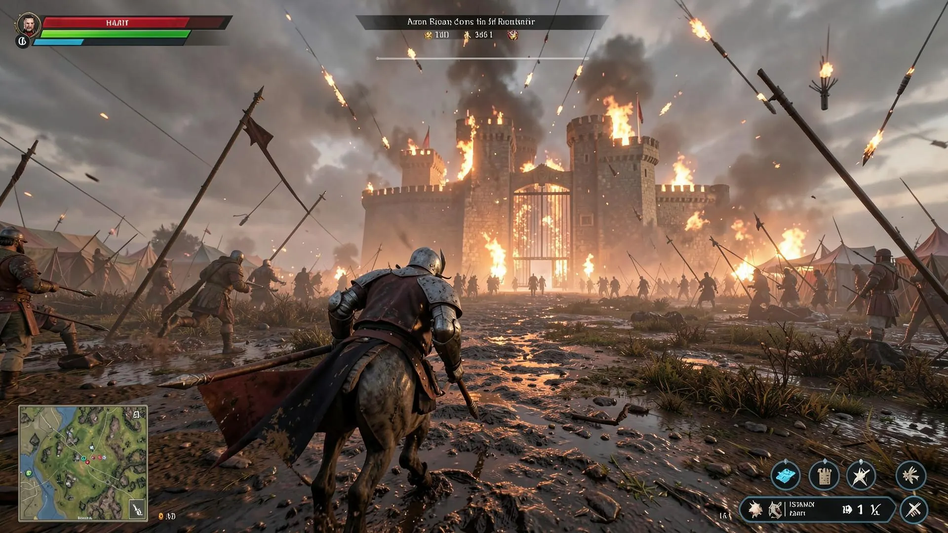 Frame de jeu : chevalier chargeant vers une forteresse en flammes, minimap et barre de vie visibles
