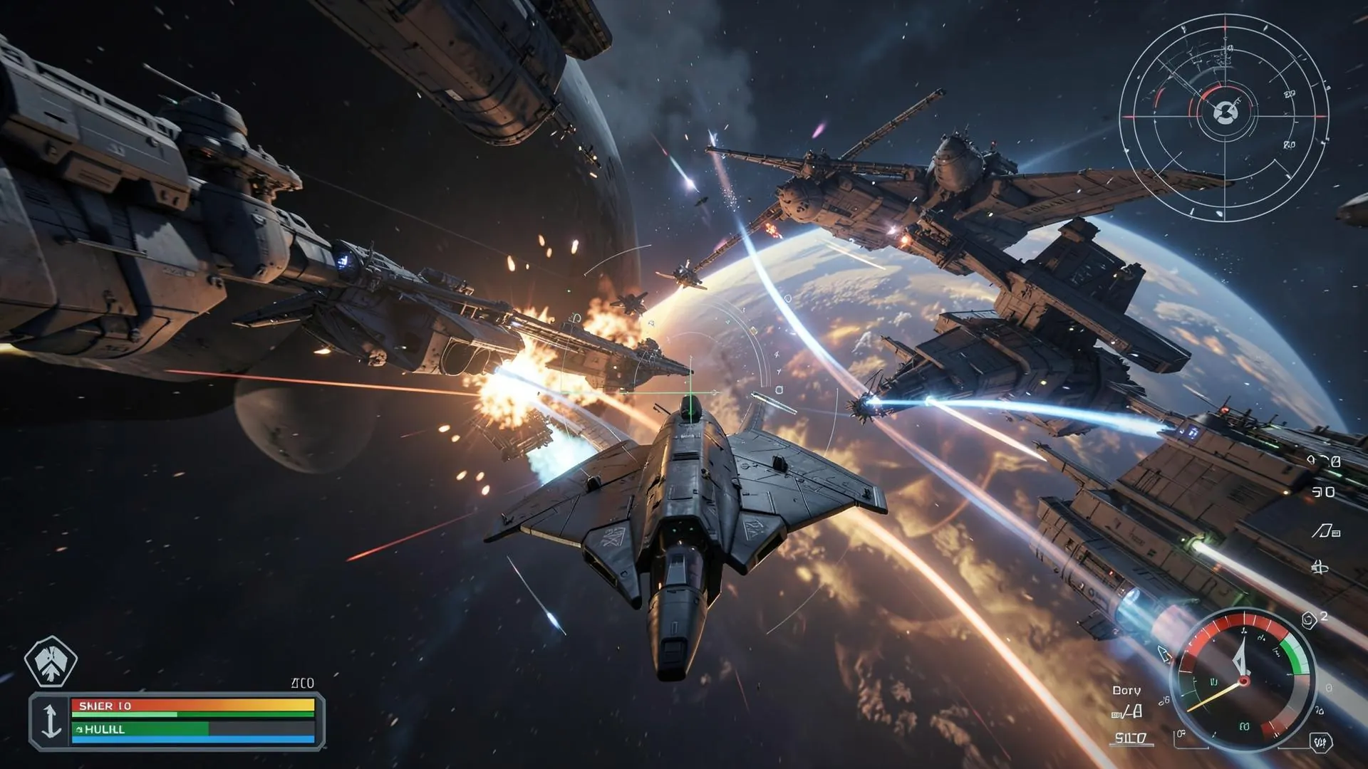 Frame de jeu : combat spatial entre vaisseaux capitaux au-dessus d'une planète, radar et jauges visibles