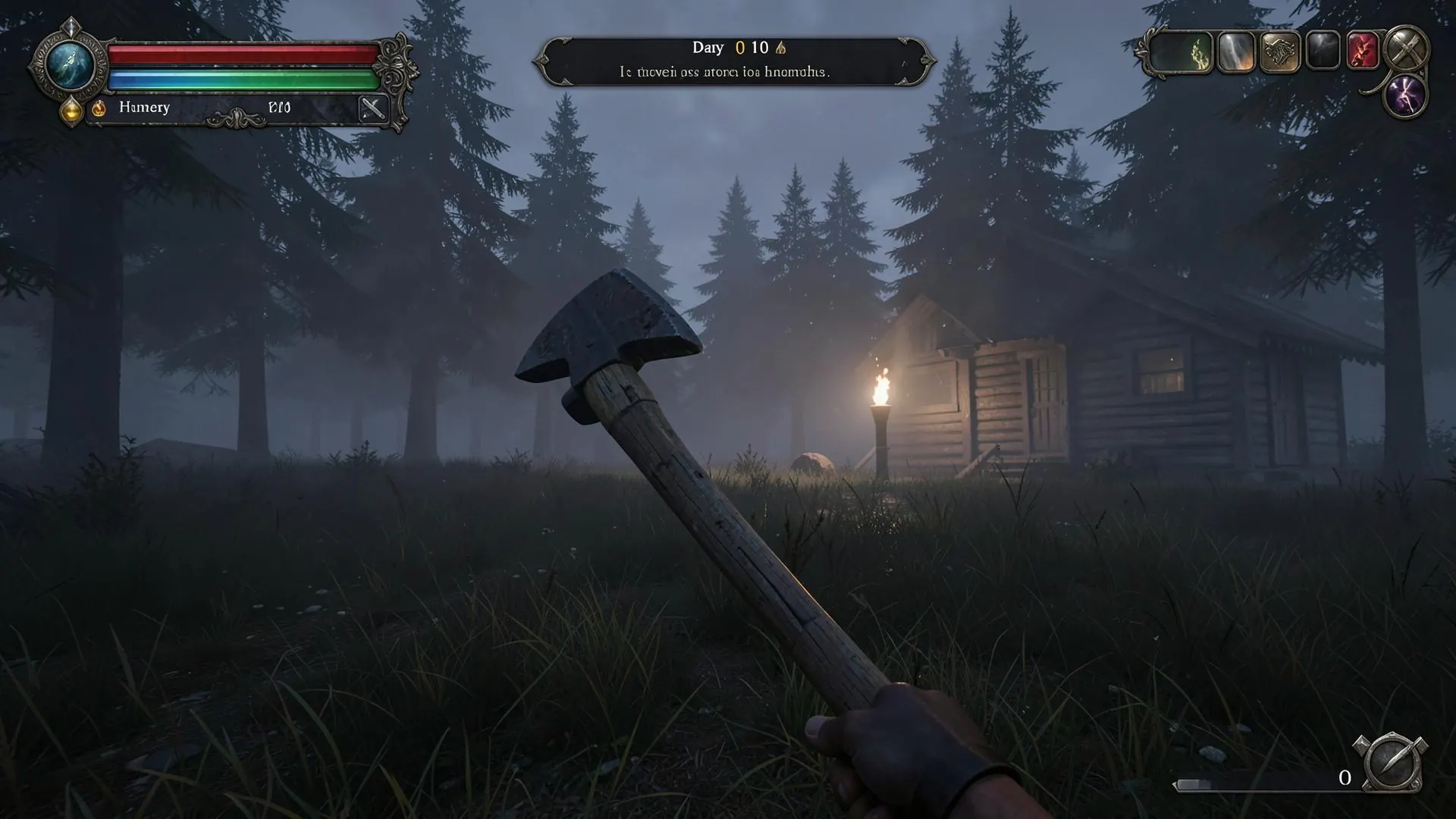 Frame de jeu : survie à la première personne, hache à la main devant une cabane dans la brume, barres de survie visibles