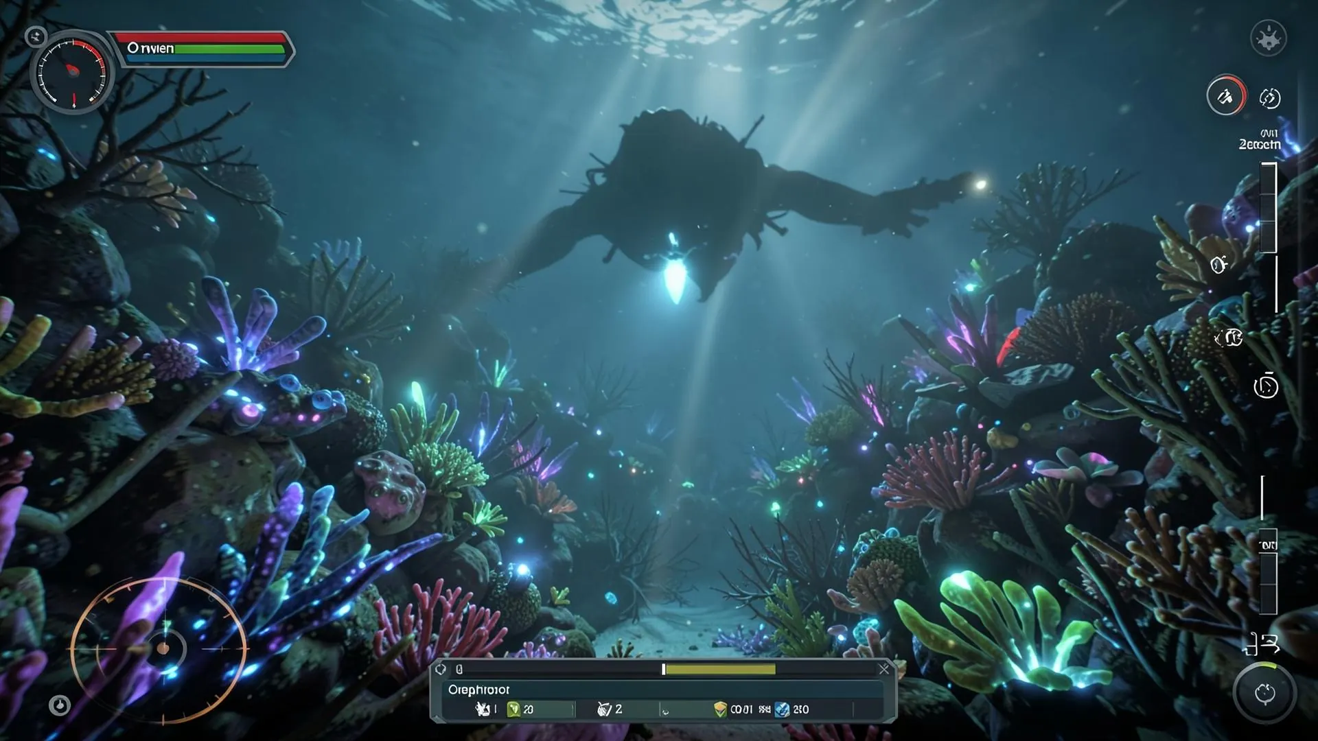 Frame de jeu : plongeur face à une créature bioluminescente géante, HUD sous-marin visible