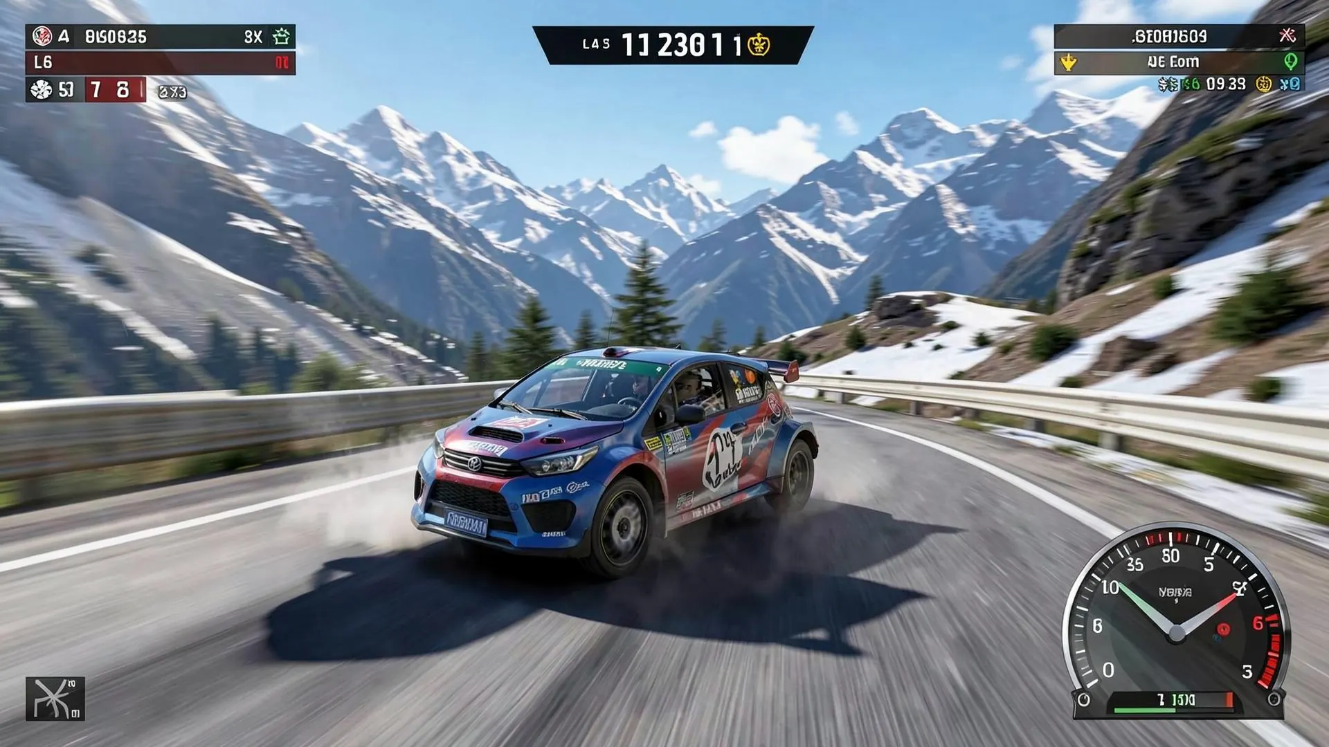 Frame de jeu : voiture de rallye driftant sur une route alpine enneigée, HUD de course visible