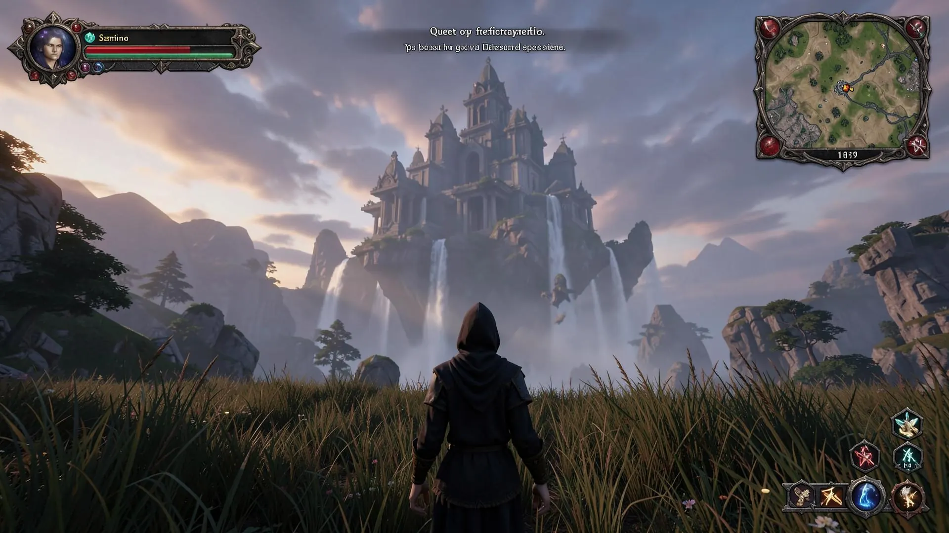 Frame de jeu : personnage encapuchonné face à un temple suspendu, barres de vie et minimap visibles